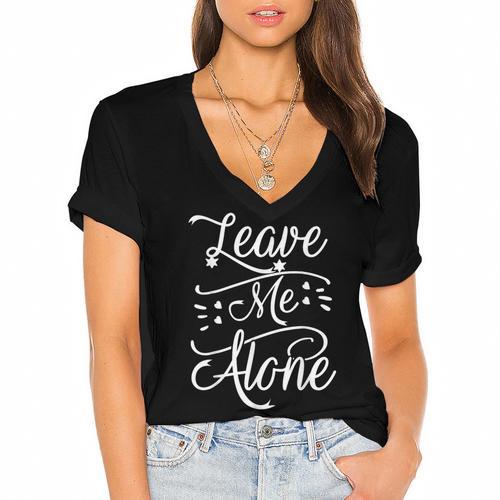 Leave Me Alone Introvert Antisocial Shy INTP INFP INFJ Women's Jersey Short Sleeve Deep V-Neck Tshirt - Raresse