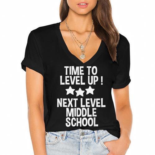Level Up Middle School 5th Grade Graduation Party Women's Jersey Short Sleeve Deep V-Neck Tshirt				 - Best Gift Smart