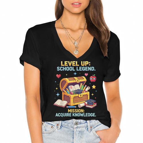 Level Up School Legend Video Game Pixel Art Graduation Women's Jersey Short Sleeve Deep V-Neck Tshirt - Best Gift Smart