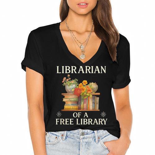 Librarian Of a Free Library Floral Book Lover Women's Jersey Short Sleeve Deep V-Neck Tshirt - Bookorys DE
