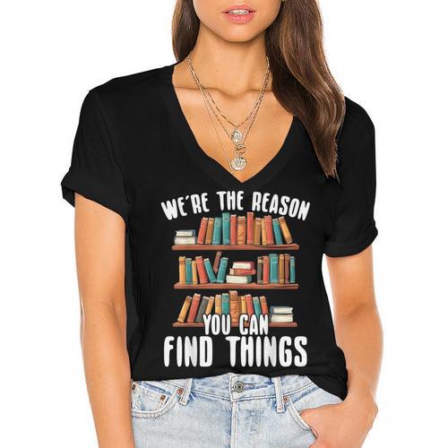 Librarian Reading Books Lover Library Women's Jersey Short Sleeve Deep V-Neck Tshirt - Bookorys