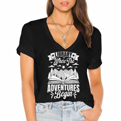 Library Where The Adventures Begin Librarian Book Readers Women's Jersey Short Sleeve Deep V-Neck Tshirt				 - Bookorys