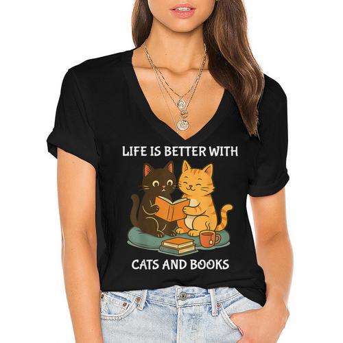 Life Is Better With Cats And Books Cute Cat Lover Women's Jersey Short Sleeve Deep V-Neck Tshirt				 - Bookorys
