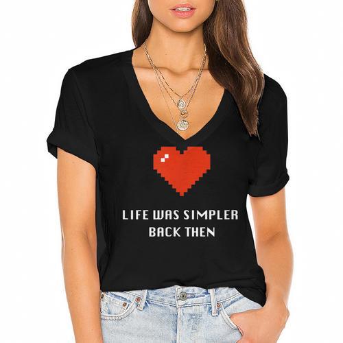 Life Was Simpler Back Then Nostalgia Retro Game Women's Jersey Short Sleeve Deep V-Neck Tshirt				 - Figerry