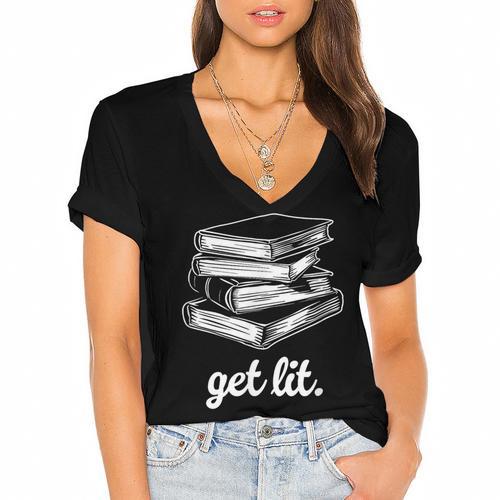 Get Lit Books Women's Jersey Short Sleeve Deep V-Neck Tshirt				 - Bookorys