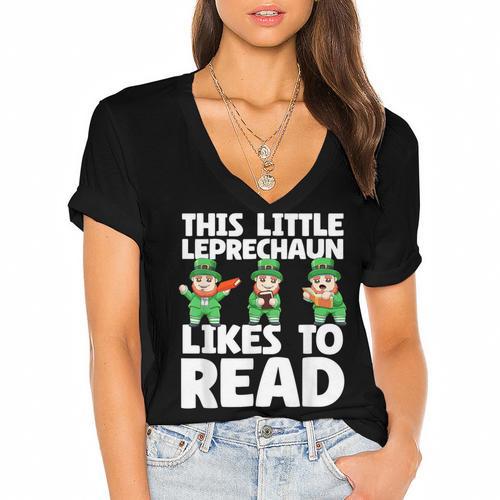 This Little Leprechaun Likes To Read St Patrick's Day Book Women's Jersey Short Sleeve Deep V-Neck Tshirt				 - Bookorys