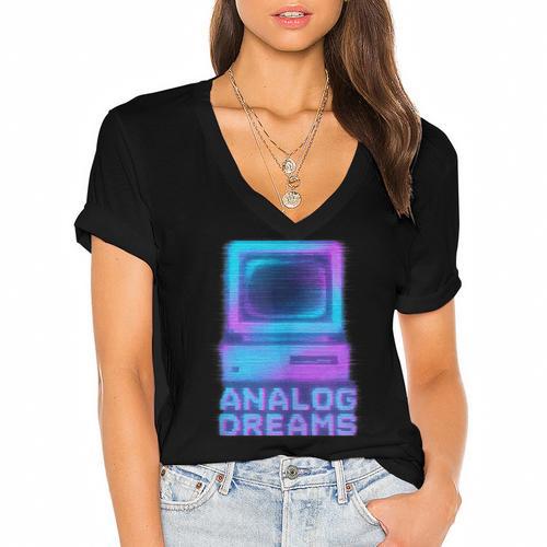 Lofi Reverie Analog Dreams Pixel 90s Desktop VHS Nostalgia Women's Jersey Short Sleeve Deep V-Neck Tshirt - Figerry