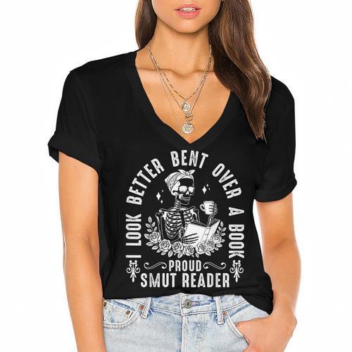 I Look Better Bent Over a Book Proud Smut Reader Skeleton Women's Jersey Short Sleeve Deep V-Neck Tshirt - Bookorys