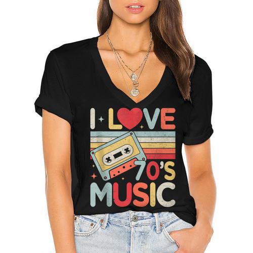 I Love 70's Music Retro Style Nostalgia Cassette 1970s Party Women's Jersey Short Sleeve Deep V-Neck Tshirt - Figerry