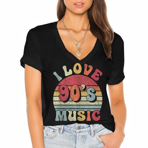 I Love 90's Music Retro Style Nostalgia Cassette 1990s Party Women's Jersey Short Sleeve Deep V-Neck Tshirt - Figerry
