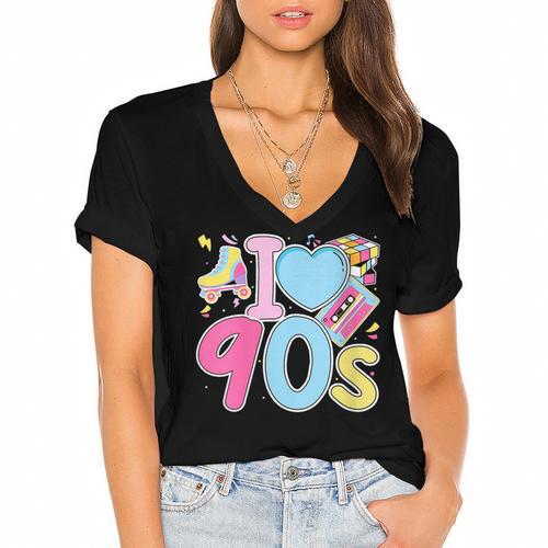 I Love 90's Retro Style Nostalgia Vibe 1990's Party Women's Jersey Short Sleeve Deep V-Neck Tshirt				 - Figerry