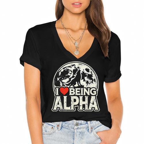 I Love Being Alpha Moonlit Wolf Meme Alpha Introvert Women's Jersey Short Sleeve Deep V-Neck Tshirt				 - Raresse