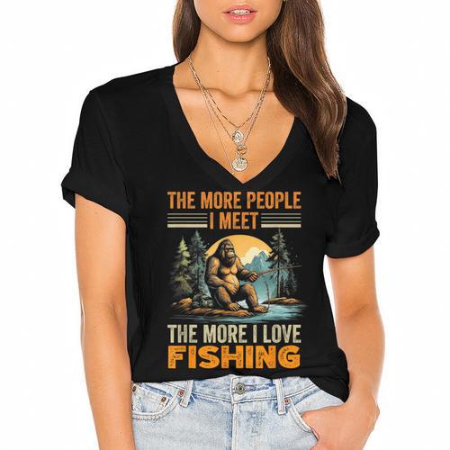 I Love Fishing Bigfoot Fisherman Introvert Sarcastic Women's Jersey Short Sleeve Deep V-Neck Tshirt				 - Raresse