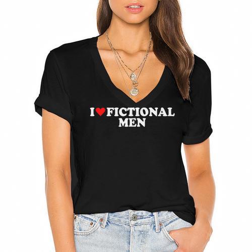 I Love Heart Fictional Men Simple Cute Reading Books Women's Jersey Short Sleeve Deep V-Neck Tshirt				 - Bookorys AU