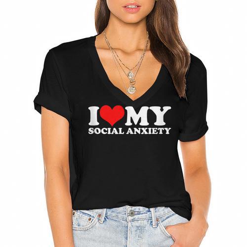 I Love My Social Anxiety Heart Humor Introvert Statement Women's Jersey Short Sleeve Deep V-Neck Tshirt - Raresse