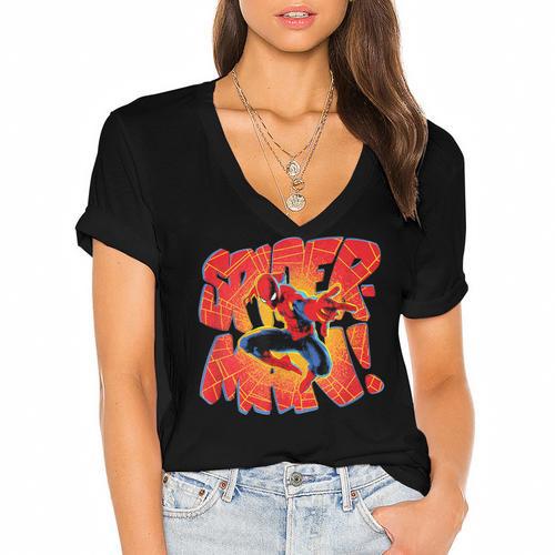 Marvel Spider-Man Peter Parker Comic Book Letter Logo Women's Jersey Short Sleeve Deep V-Neck Tshirt - Bookorys