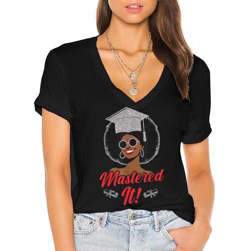 Master Degree Graduation Gifts Black Girl Women's Jersey Short Sleeve Deep V-Neck Tshirt				 - Best Gift Smart