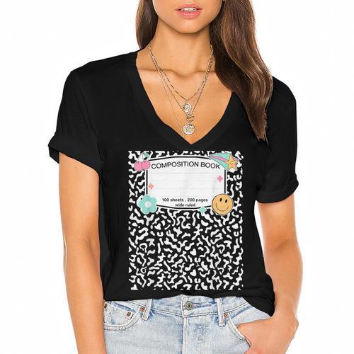 Matching Group Halloween Teacher Composition Book Notebook Women's Jersey Short Sleeve Deep V-Neck Tshirt				 - Bookorys AU