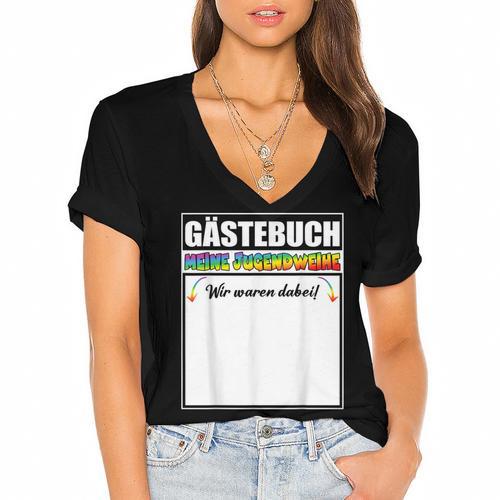 Meine Jugendweihe Guest Book Colourful Wir Waren Dabei MäDchen German Women's Jersey Short Sleeve Deep V-Neck Tshirt - Bookorys CA