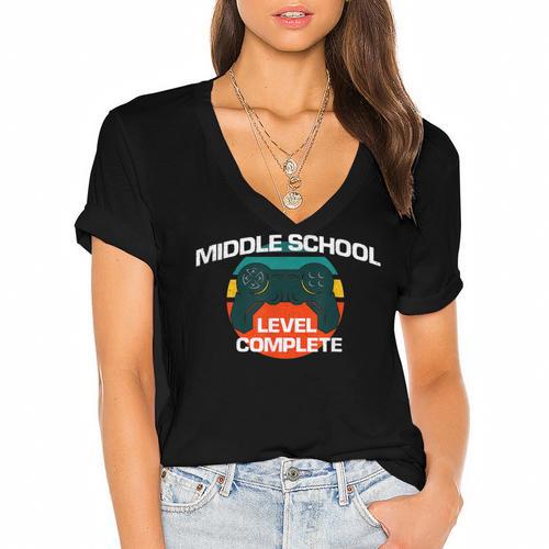 Middle School Graduation Gaming Vintage Level Complete Women's Jersey Short Sleeve Deep V-Neck Tshirt				 - Best Gift Smart