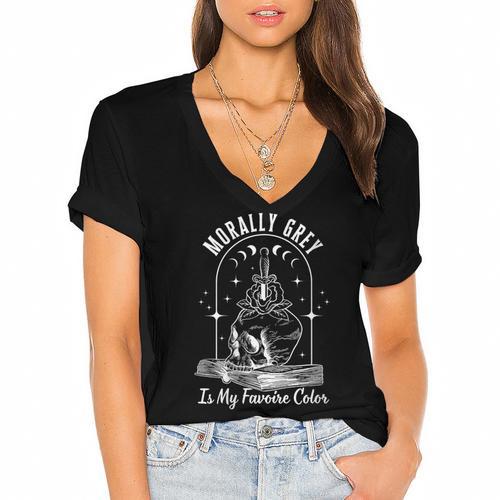 Morally Grey Book Lover Morally Grey Is My Favorite Color Women's Jersey Short Sleeve Deep V-Neck Tshirt				 - Bookorys