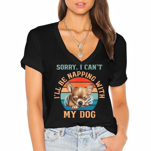 Napping Chihuahua Dog Breed Sleeping Pet Pup Introvert Women's Jersey Short Sleeve Deep V-Neck Tshirt - Raresse
