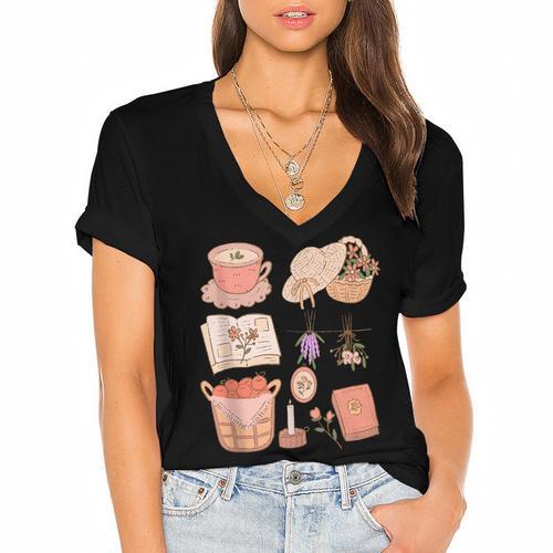 Nature Books And Cottage Core Picnic Art Women's Jersey Short Sleeve Deep V-Neck Tshirt				 - Bookorys UK