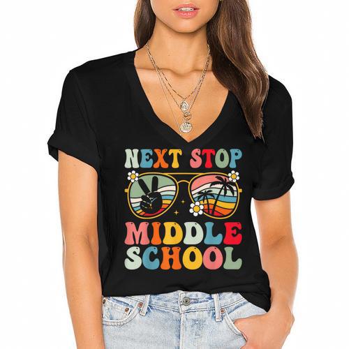 Next Stop Middle School Elementary School Graduation 2025 Women's Jersey Short Sleeve Deep V-Neck Tshirt				 - Best Gift Smart