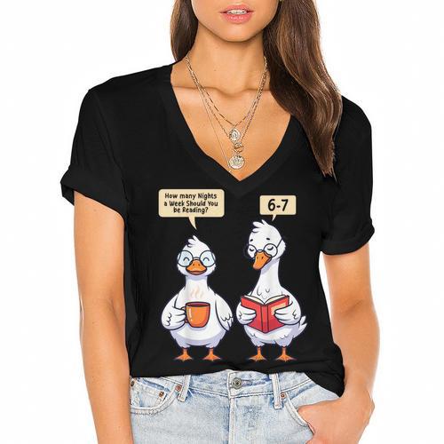 How Many Nights Reading Goose Book Lover Reader Women's Jersey Short Sleeve Deep V-Neck Tshirt				 - Bookorys AU