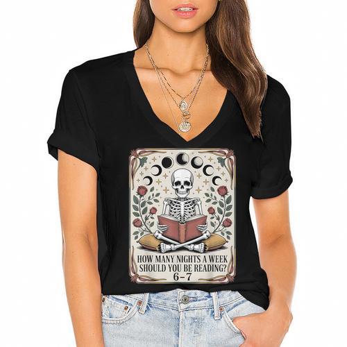 How Many Nights Reading Meme 6 7 Book Lover Women's Jersey Short Sleeve Deep V-Neck Tshirt				 - Bookorys CA