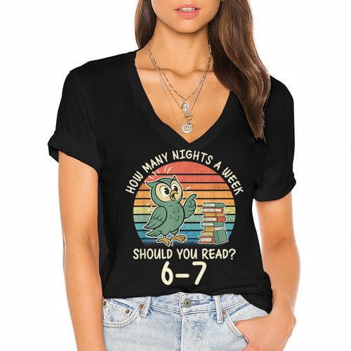 How Many Nights a Week Should You Read 67 Book Reading Meme Women's Jersey Short Sleeve Deep V-Neck Tshirt				 - Bookorys CA