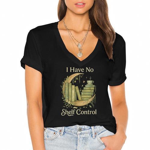 I Have No Shelf Control Moon Books Cottagecore Women's Jersey Short Sleeve Deep V-Neck Tshirt				 - Bookorys AU