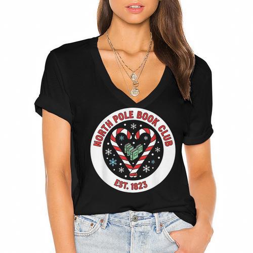 North Pole Book Club Shirt Candy Cane Christmas Women's Jersey Short Sleeve Deep V-Neck Tshirt				 - Bookorys