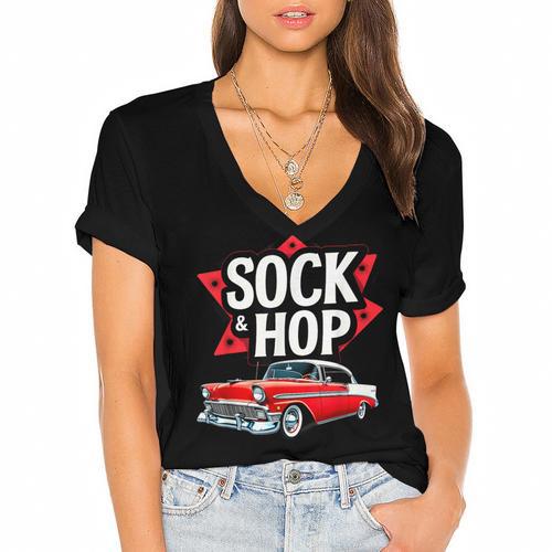 Nostalgia 1950s Sock Hop Dance Women's Jersey Short Sleeve Deep V-Neck Tshirt				 - Figerry