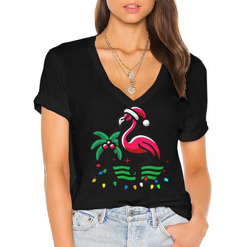 Nostalgia Holiday Tees -Adult Christmas Flamingo Small Short Sleeve Crew Neck Cotton Polyester Lightweight Ribbed Cuff Winter Women's Jersey Short Sleeve Deep V-Neck Tshirt				 - Figerry