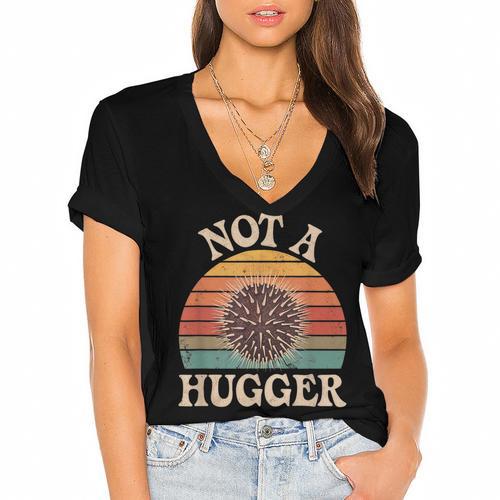 Not A Hugger Retro Sea Urchin Sarcastic Introvert Women's Jersey Short Sleeve Deep V-Neck Tshirt - Raresse
