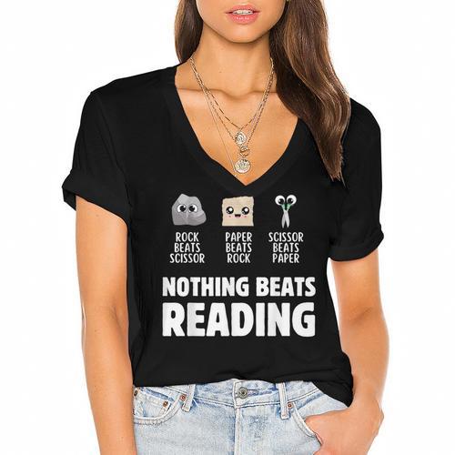 Nothing Beats Reading Librarian Book Bookworm Women's Jersey Short Sleeve Deep V-Neck Tshirt				 - Bookorys UK