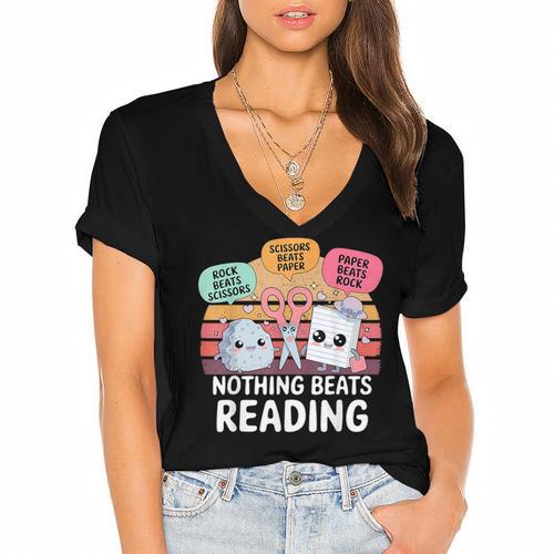 Nothing Beats Reading Rock Paper Scissors Books Lover Women's Jersey Short Sleeve Deep V-Neck Tshirt				 - Bookorys CA