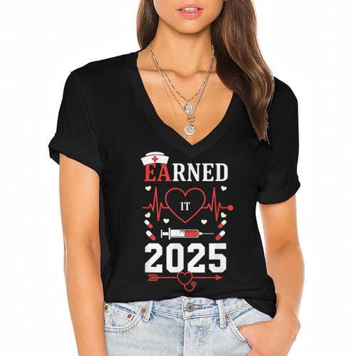 Nurse Earned It 2025 Nurse Graduation RN LPN Class Of 2025 Women's Jersey Short Sleeve Deep V-Neck Tshirt				 - Best Gift Smart