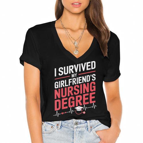 Nurse Graduation I Survived My Girlfriends Nursing Degree Women's Jersey Short Sleeve Deep V-Neck Tshirt				 - Best Gift Smart
