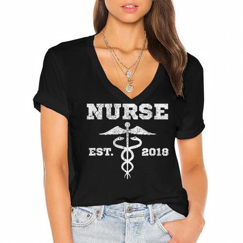 Nurse Nursing Graduation T Shirt Nurse Est 2018 Women's Jersey Short Sleeve Deep V-Neck Tshirt - Best Gift Smart
