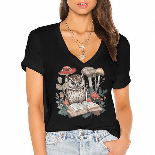 Owl With Books Reading Cottagecore Aesthetics Women's Jersey Short Sleeve Deep V-Neck Tshirt - Bookorys AU