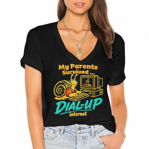 My Parents Survived Dial Up Internet Nostalgia 90s Women's Jersey Short Sleeve Deep V-Neck Tshirt - Figerry