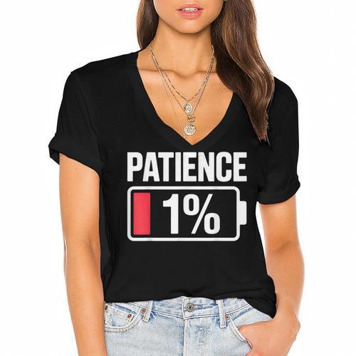 Patience 1 Battery Low Mood Tired Introvert Humor Women's Jersey Short Sleeve Deep V-Neck Tshirt				 - Raresse