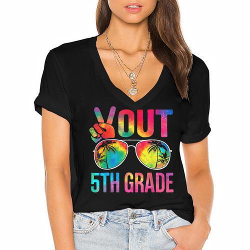 Peace Out 5th Grade Tie Dye Graduation Last Day Of School Women's Jersey Short Sleeve Deep V-Neck Tshirt				 - Best Gift Smart