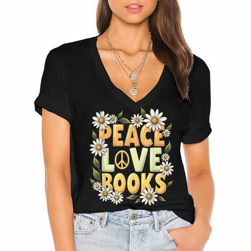 Peace Love Books Librarian Teacher Life Book Library Women's Jersey Short Sleeve Deep V-Neck Tshirt				 - Bookorys