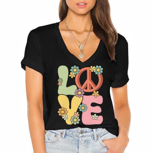 Peace Sign Love Groovy Vibes Costume Nostalgia 1980s Fashion Women's Jersey Short Sleeve Deep V-Neck Tshirt				 - Figerry
