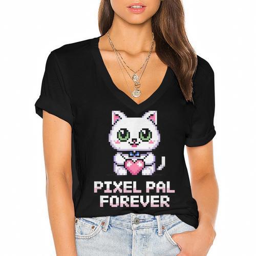 Pixel Art Pet Cat Y2K Retro Vintage Digital Nostalgia Tech Women's Jersey Short Sleeve Deep V-Neck Tshirt - Figerry