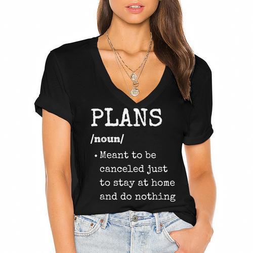 Plans Definition For Homebodies & Introverts Sarcastic Women's Jersey Short Sleeve Deep V-Neck Tshirt				 - Raresse