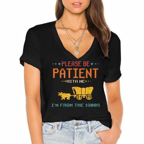 Please Be Patient With Me I'm From The 1900s 2024 Mom Dad Women's Jersey Short Sleeve Deep V-Neck Tshirt				 - Figerry